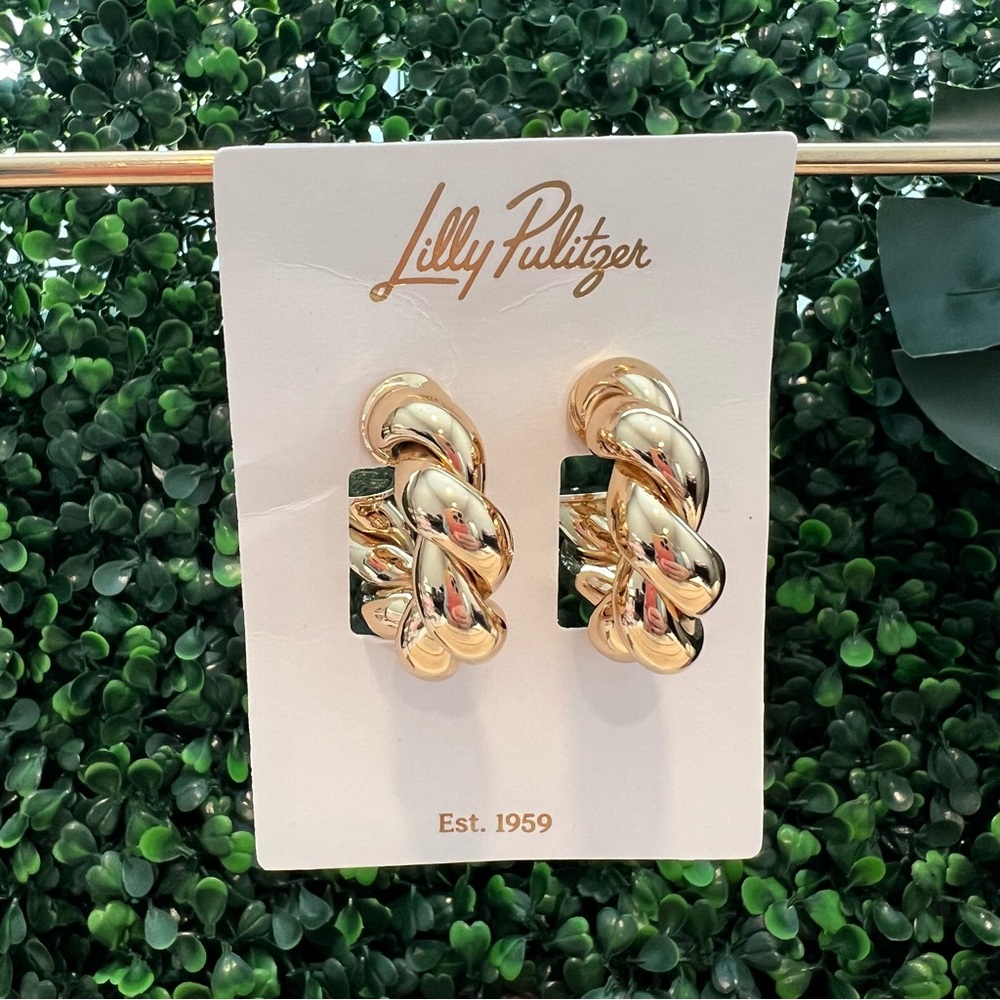 New Lilly Pulitzer Island Escape Twisted Gold Metallic Hoop Earrings
